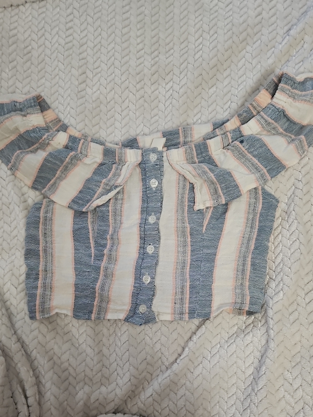 Altar'd State Striped Off-Shoulder Crop Top in Blue, Cream & Pink